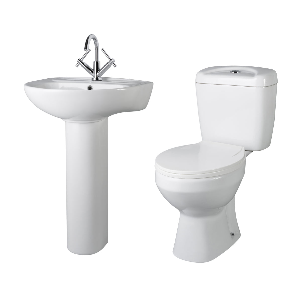 Adley Round Ceramic Bathroom Bundle – Toilet Pan with Cistern, Soft-Close Seat & 550mm Basin with Full Pedestal (1TH or 2TH)