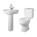 Adley Round Ceramic Bathroom Bundle – Toilet Pan with Cistern, Soft-Close Seat & 550mm Basin with Full Pedestal (1TH or 2TH)