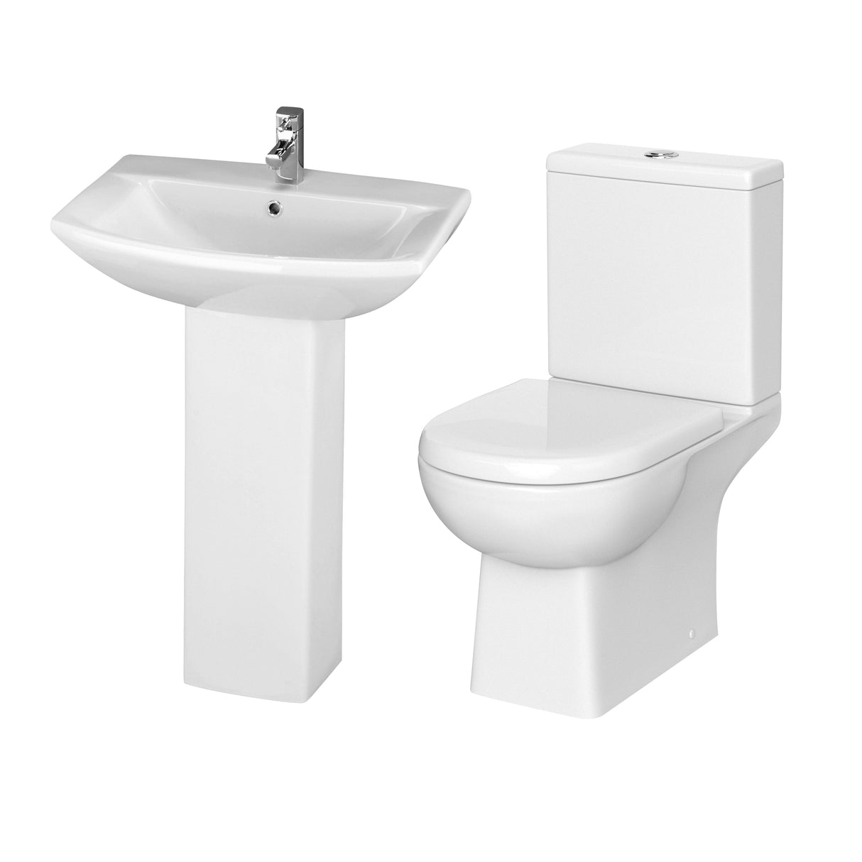 Destin Square Ceramic Bathroom Bundle – Close Coupled Toilet with Cistern, Soft-Close Seat & Basin with Full or Semi Pedestal (500mm or 600mm)