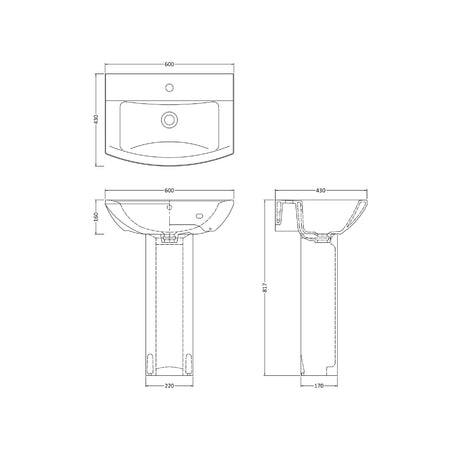 Modern White Square 1 Tap Hole Bathroom Basin & Full Pedestal – 600mm
