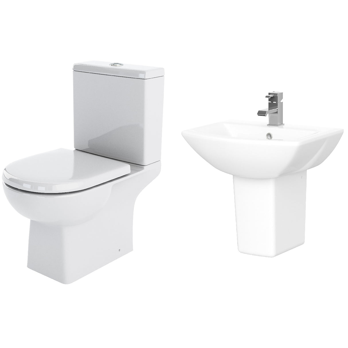 Destin Square Ceramic Bathroom Bundle – Close Coupled Toilet with Cistern, Soft-Close Seat & Basin with Full or Semi Pedestal (500mm or 600mm)