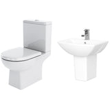 Destin Square Ceramic Bathroom Bundle – Close Coupled Toilet with Cistern, Soft-Close Seat & Basin with Full or Semi Pedestal (500mm or 600mm)