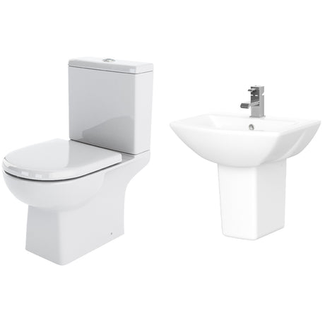 Destin Square Ceramic Bathroom Bundle – Close Coupled Toilet with Cistern, Soft-Close Seat & Basin with Full or Semi Pedestal (500mm or 600mm)