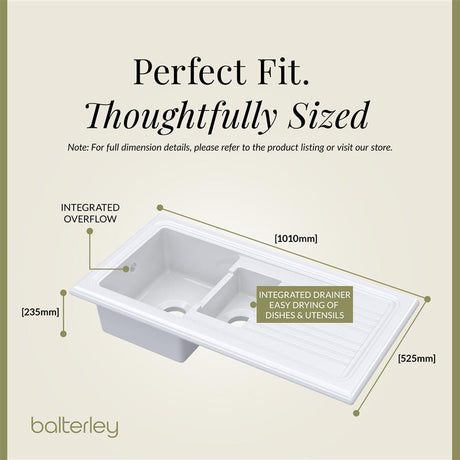 1.5 Bowl Fireclay Ceramic Inset Kitchen Sink with Compatible Drainer Wastes - 1010mm