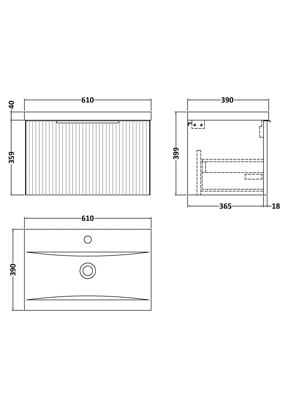 Fluted Front Wall Hung Vanity Basin Unit with Choice of Size, Colour and Handle Options