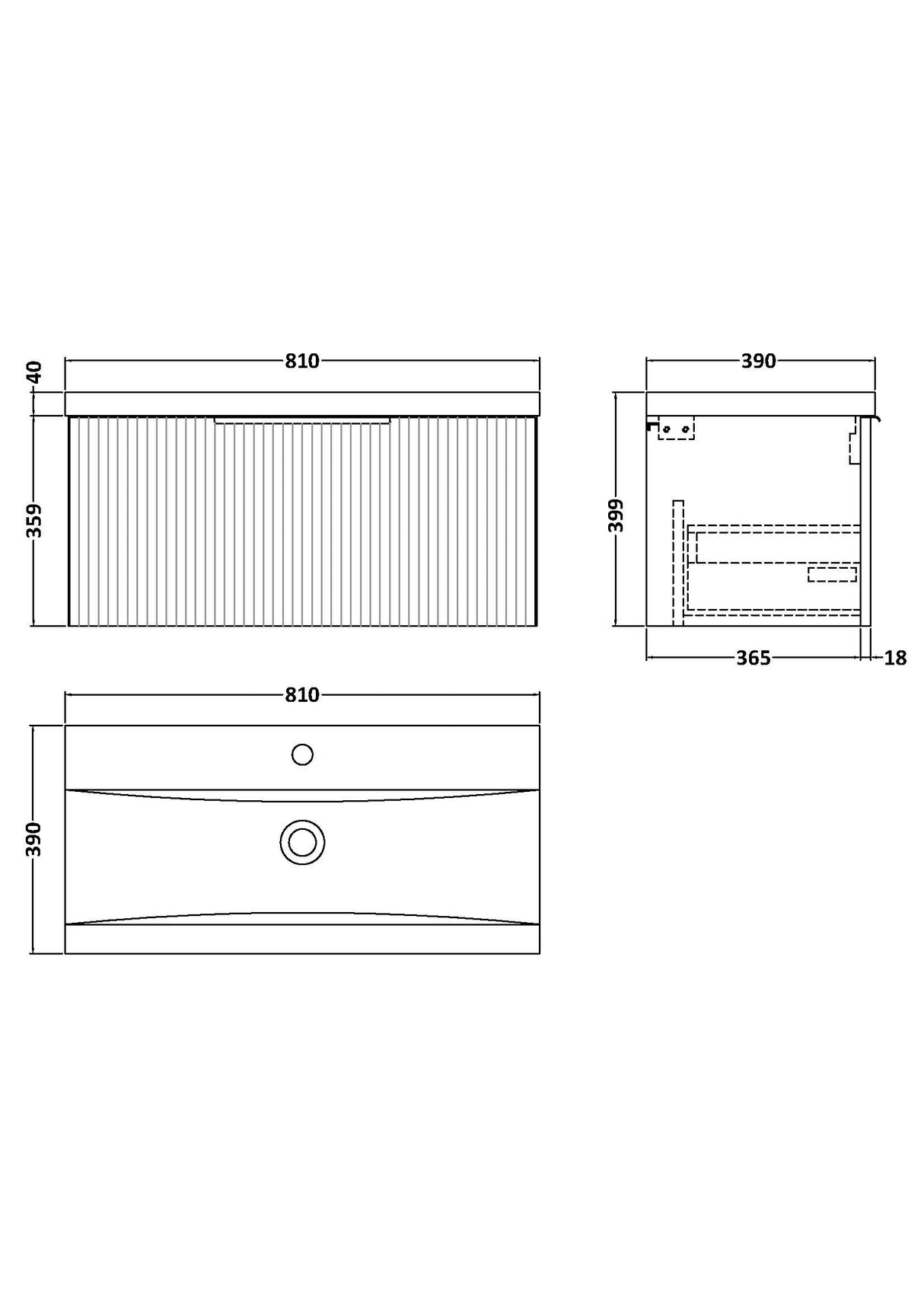Fluted Front Wall Hung Vanity Basin Unit with Choice of Size, Colour and Handle Options