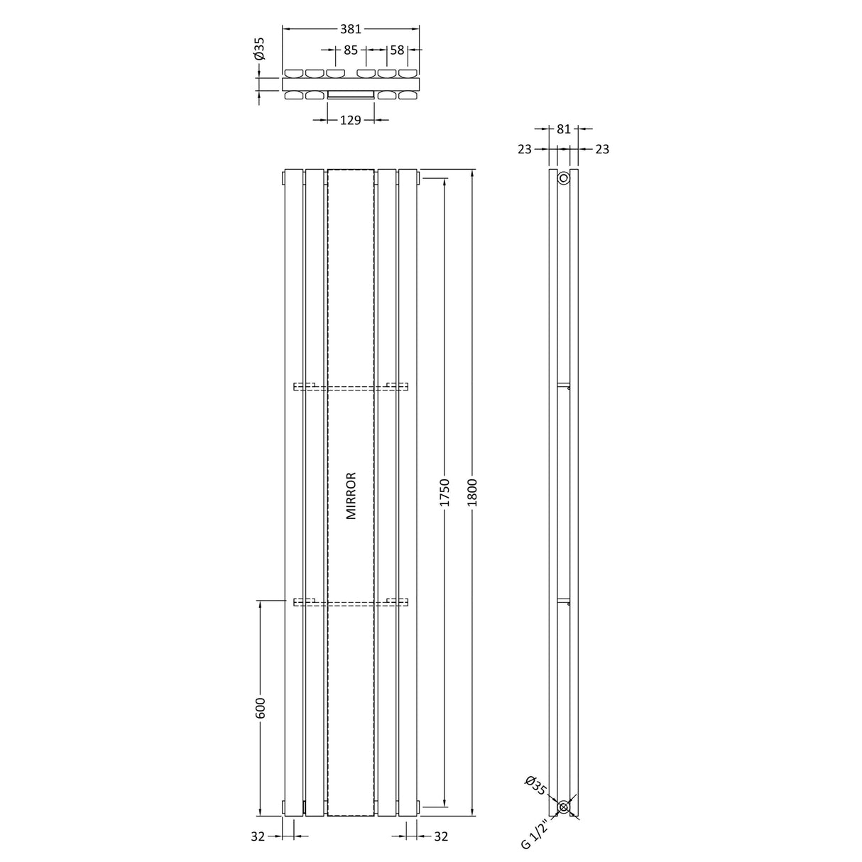 Square Vertical Double Panel Radiator with Mirror - 1800mm x 354mm - 3344 BTU