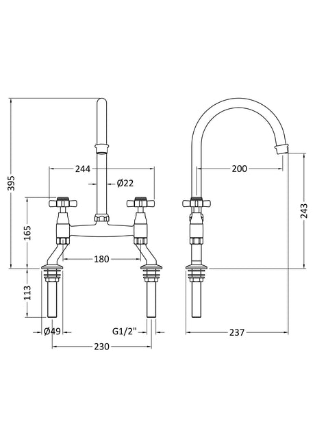 Traditional Bridge Mixer Kitchen Tap with Crosshead Handles - Brushed Nickel