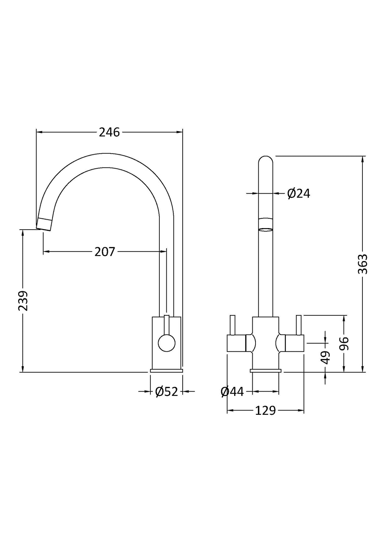 Minimalist Kitchen Mono Mixer Tap with 2 Lever Handles, 436mm - Matt Black