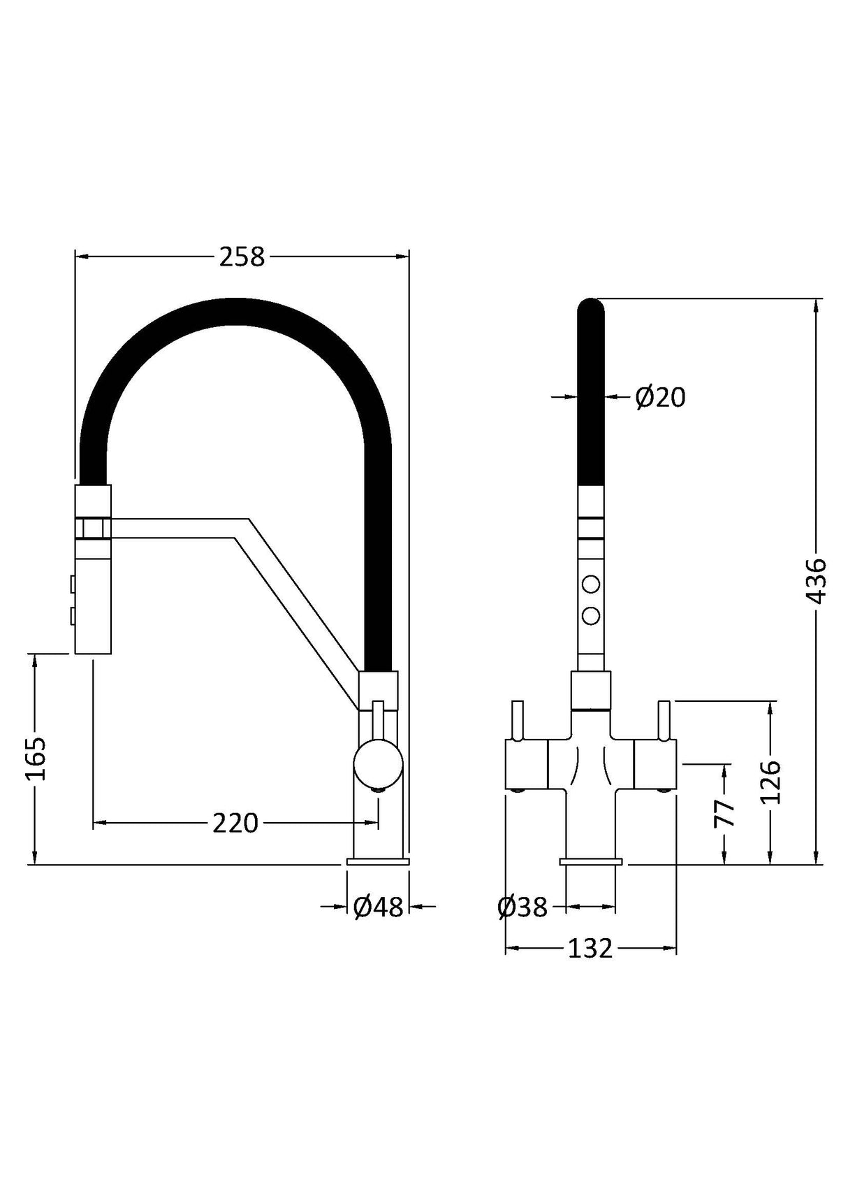 Modern Kitchen Mono Mixer Tap with 2 Lever Handles, 436mm - Matt Black