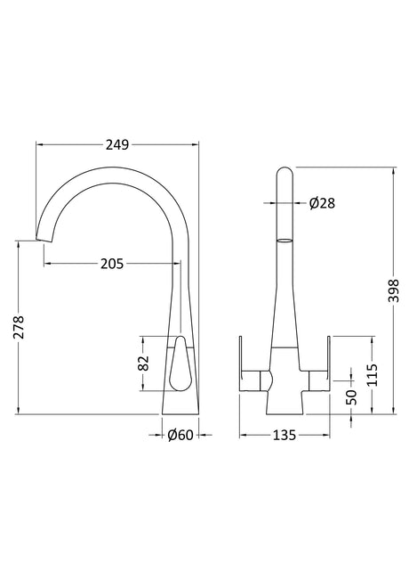 Kitchen Mono Mixer Tap with 2 Lever Handles, 398mm - Matt Black