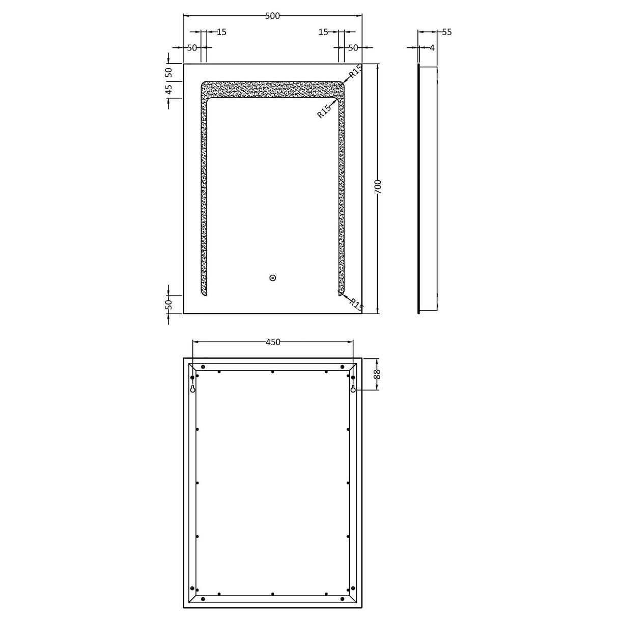 Rectangular LED Illuminated Touch Sensor Mirror with Demister, 700mm x 500mm