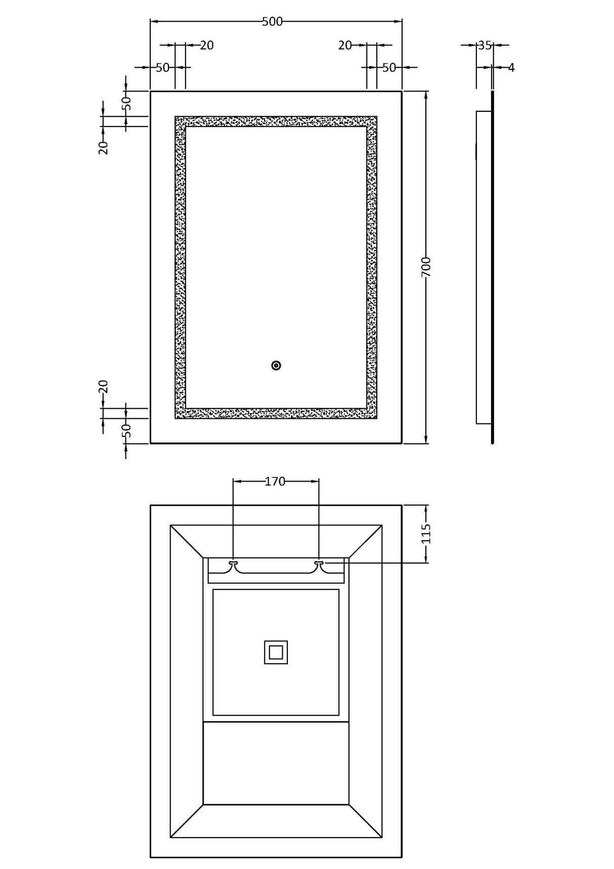 Rectangular LED Framed Illuminated Touch Sensor Mirror with Demister, 700mm x 500mm