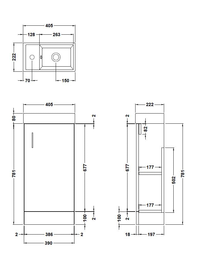 Compact Cloakroom Vanity Basin Unit, 400mm - Choice of Mount Type, Colour and Handle Finish