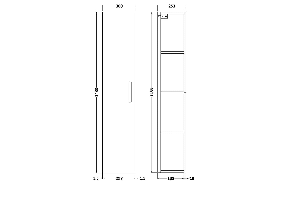 300mm Wall Hung 1 Door Tall Unit – Choice of Colour and Handle Finish