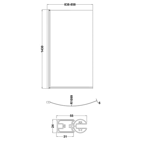 Curved 6mm Toughened Safety Glass Reversible B-Bath Screen