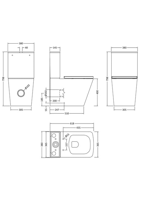Rimless Close-Coupled Toilet with Soft-Close Seat – White, 792 x 385 x 62mm