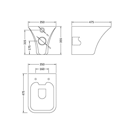 Trysull Contemporary Wall Hung Rimless Toilet Pan and Seat, 355 x 350 x 490mm