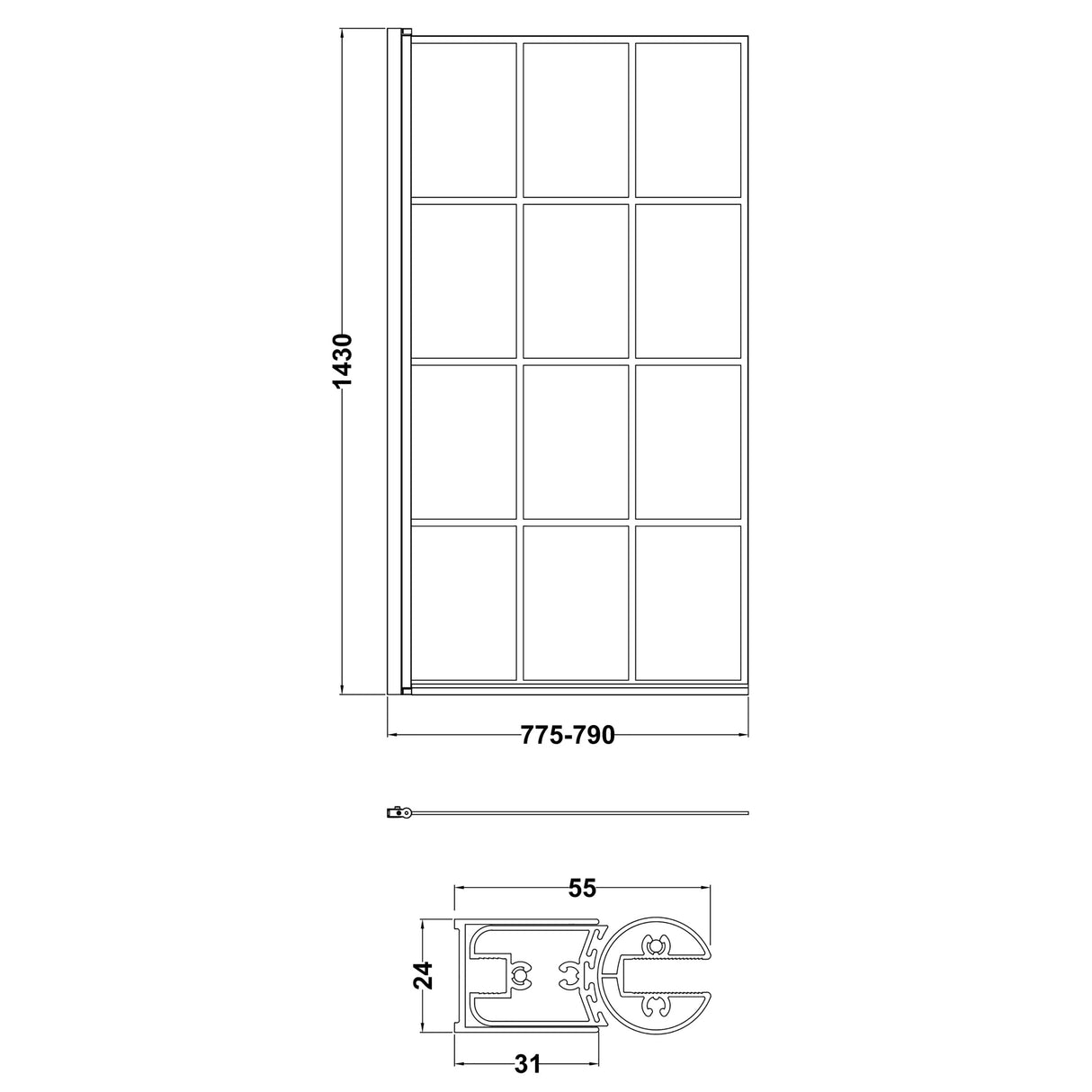 Black Framed Reversible Hinged Shower Bath Screen – 6 mm Toughened Safety Glass,  H: 1430 × W: 790 × D: 38 mm