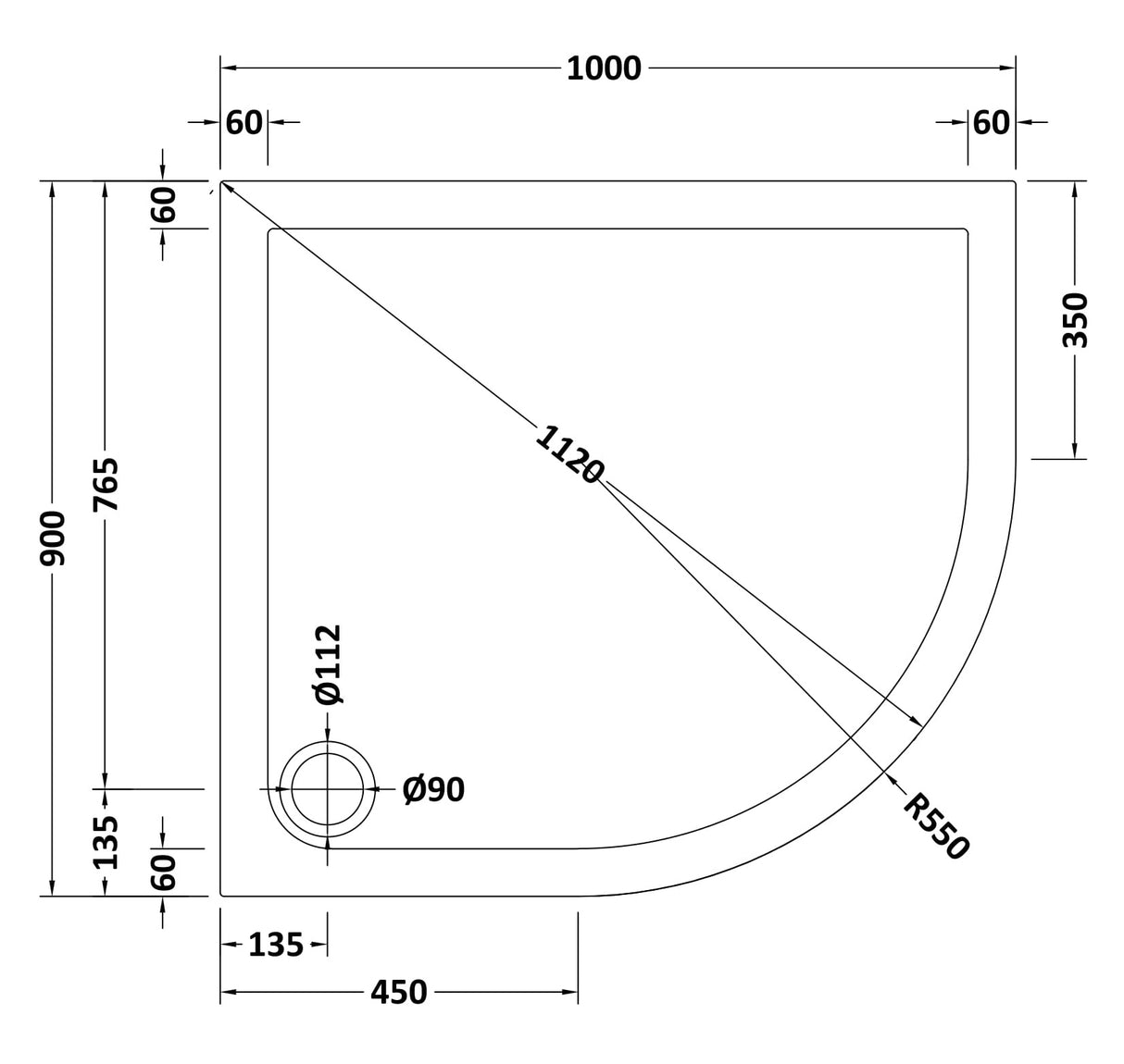 Modern Offset Quadrant Shower Tray  - Left or Right Hand - Choice of Size and Finish