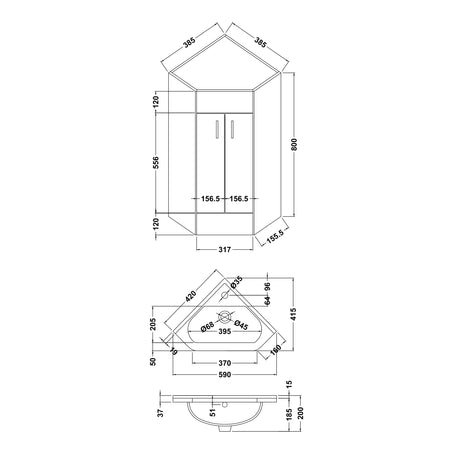 2 Door Floorstanding Bathroom Cloakroom Corner Vanity Basin Unit, Dark Grey