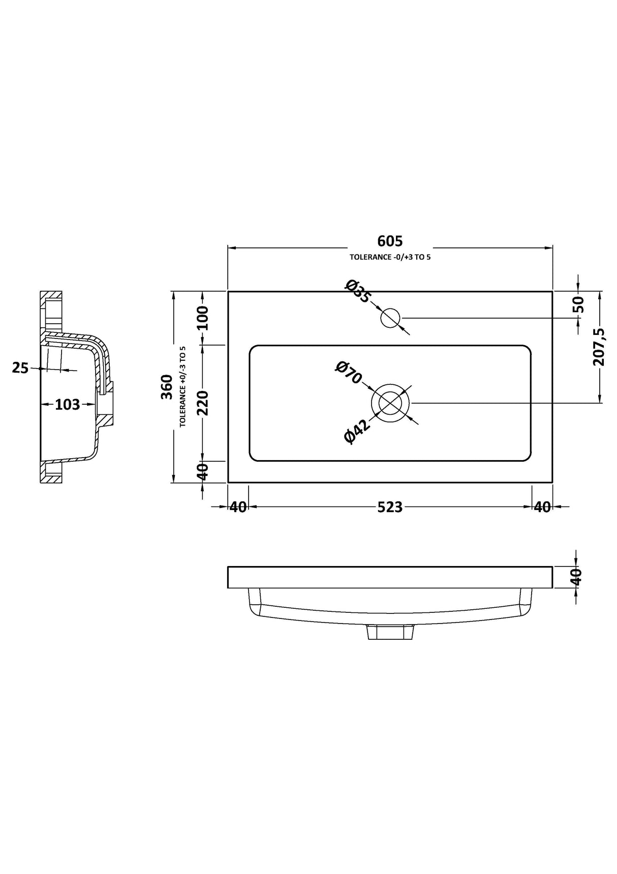 Compact Polymarble 1 Tap Hole Basin - 600mm