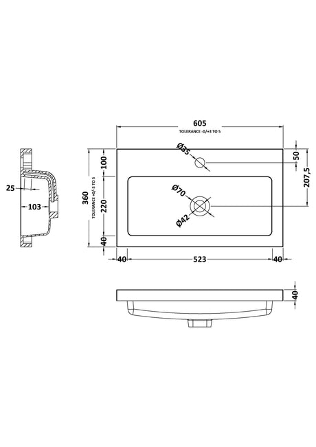 Compact Polymarble 1 Tap Hole Basin - 600mm