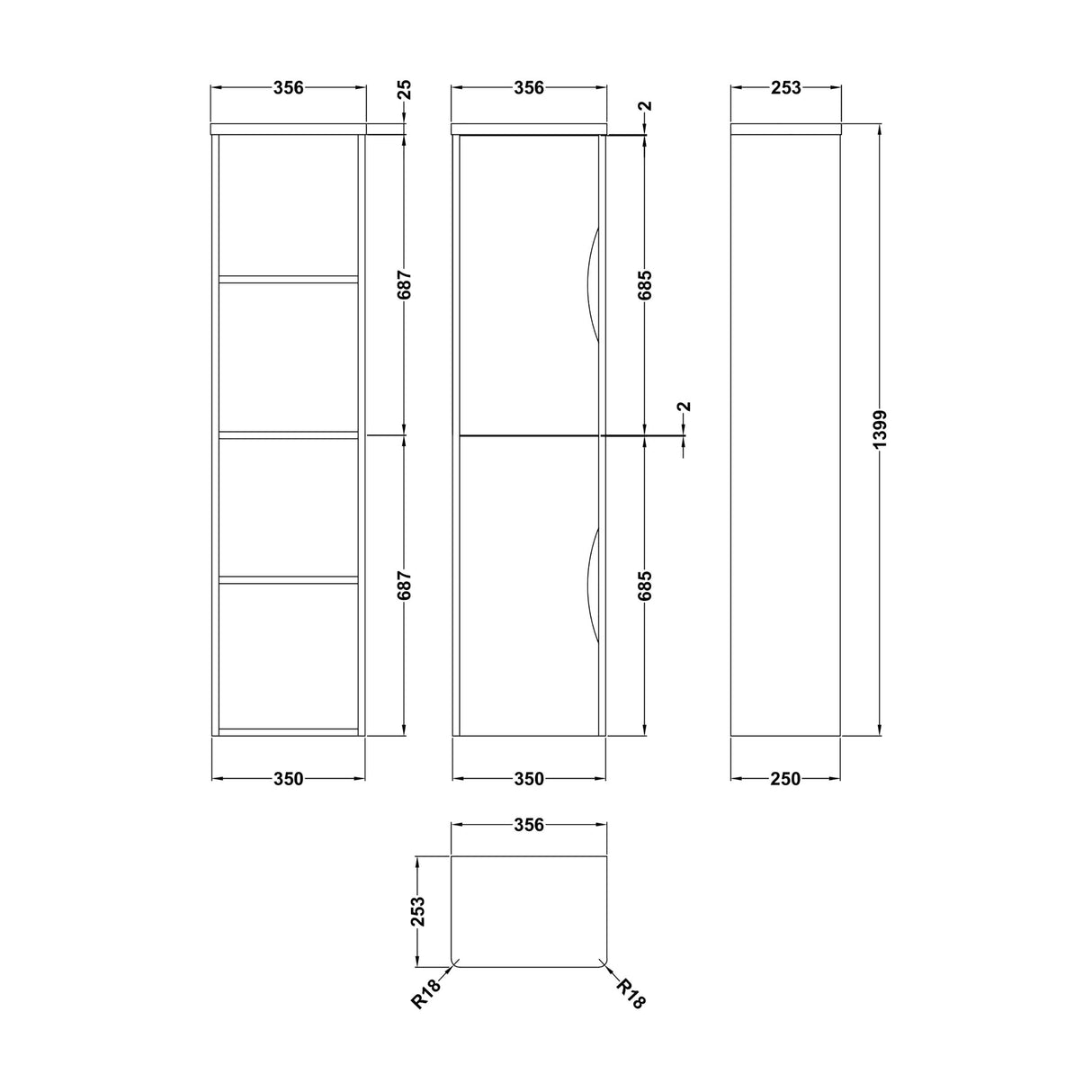 Wall Hung Tall Bathroom Storage Unit 1399 x 356 x 253mm - Choice of Colour