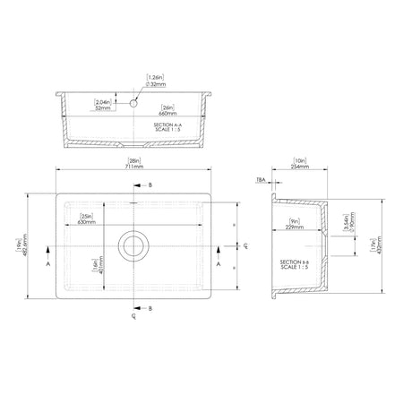 Single Bowl Fireclay Ceramic Square Undermount Kitchen Sink with Central Waste & Overflow