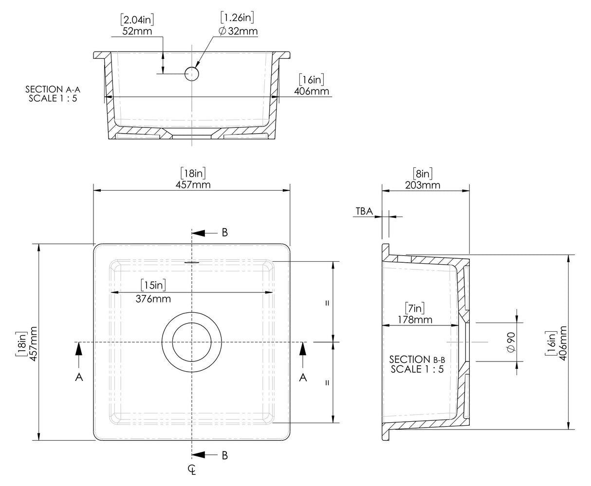 Single Bowl Fireclay Ceramic Square Undermount Kitchen Sink with Central Waste & Overflow in a Soft Black Finish