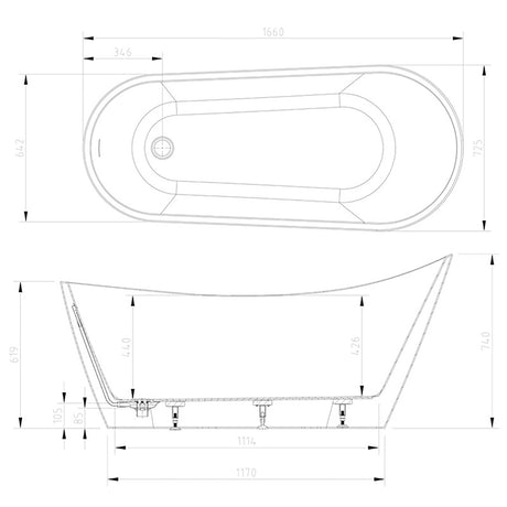 Modern Slipper Freestanding Bath - 1660 x 725mm