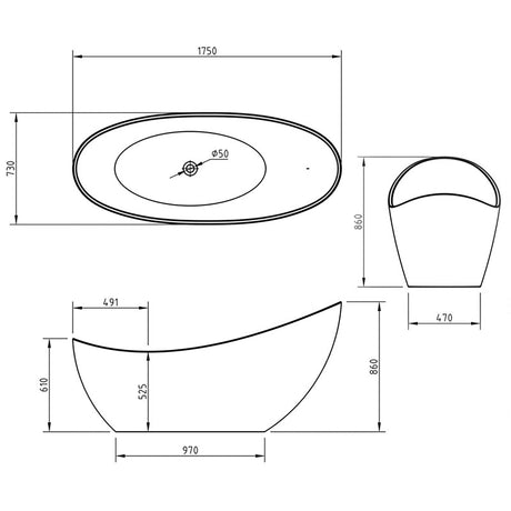 Modern Freestanding Slipper Bath - Black Finish - 1750 x 730mm