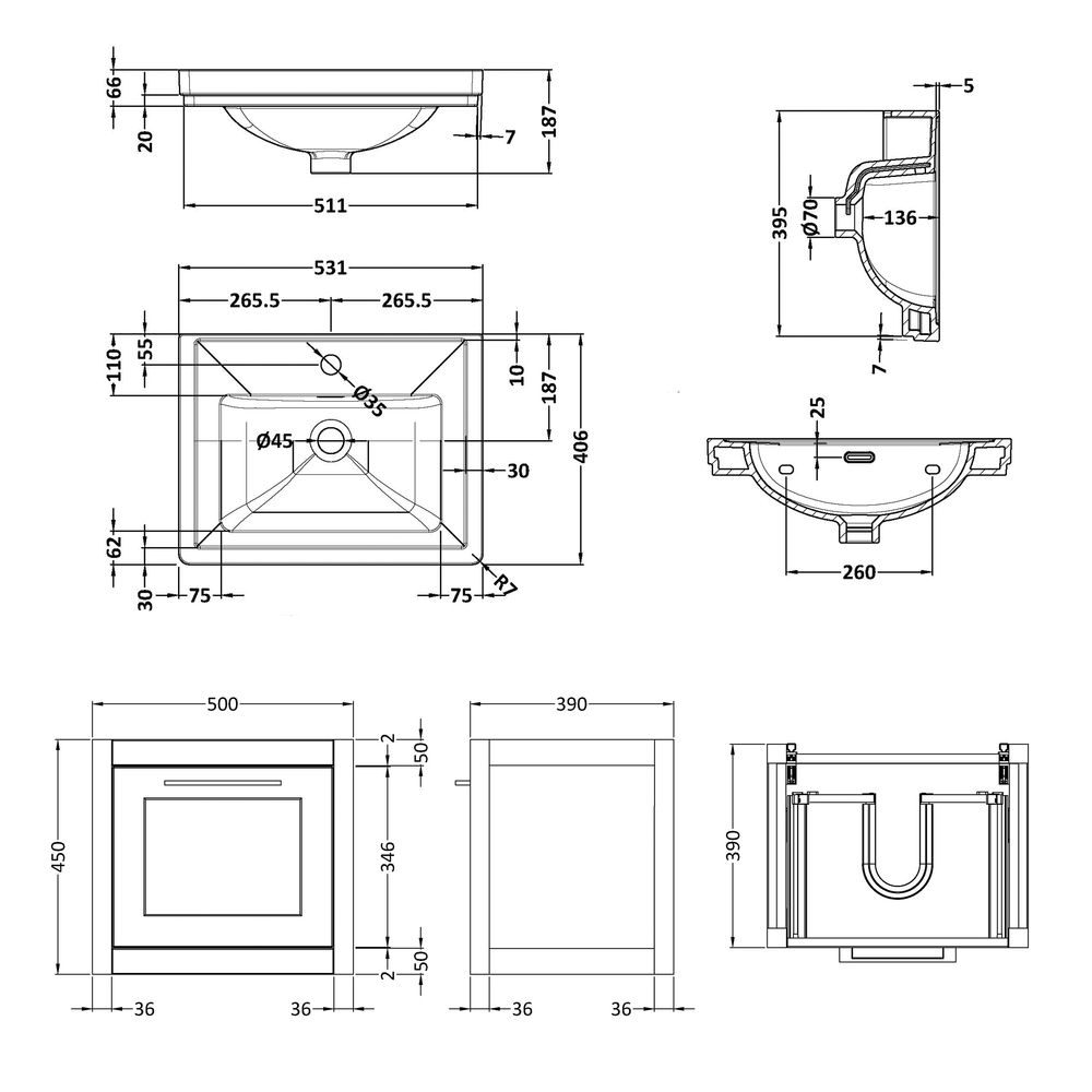 Traditional Wall Hung Vanity Basin Unit with Fireclay Basin - Choice of Size, Colour and Basin Type