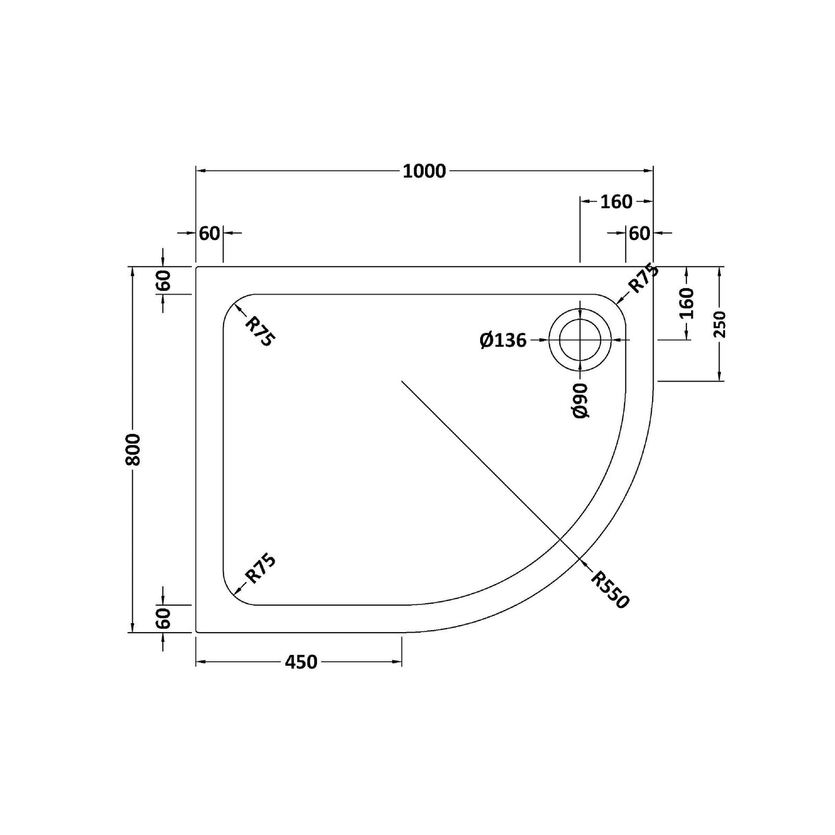 Bathroom Offset Quadrant Shower Tray, Choice of Size and Orientation