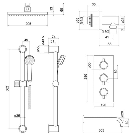 Thermostatic Shower Set with Shower Head, Handset and Valve - Choice of Colour