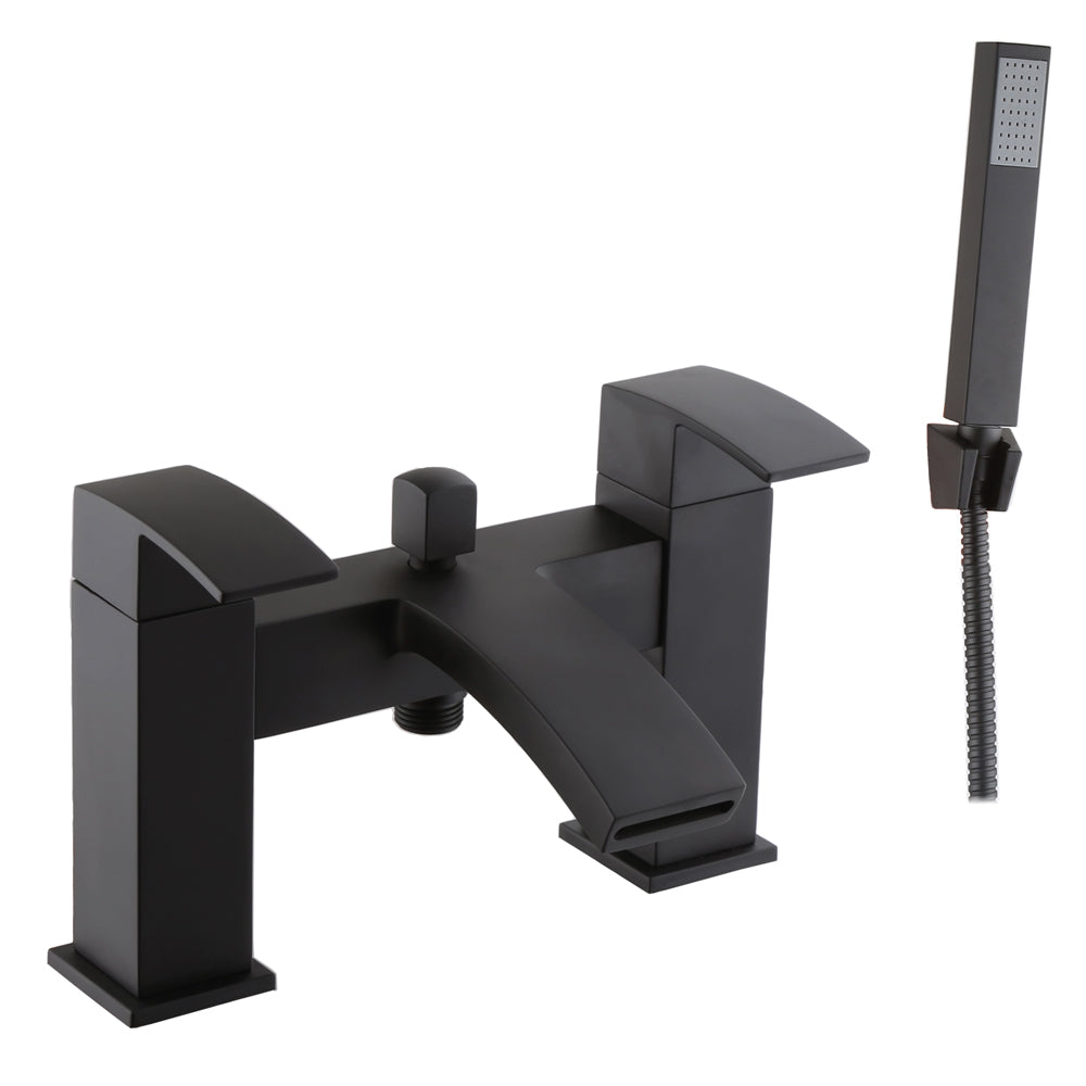 Contemporary Bathroom Curved Spout Deck Mounted Bath Shower Mixer Tap - Black
