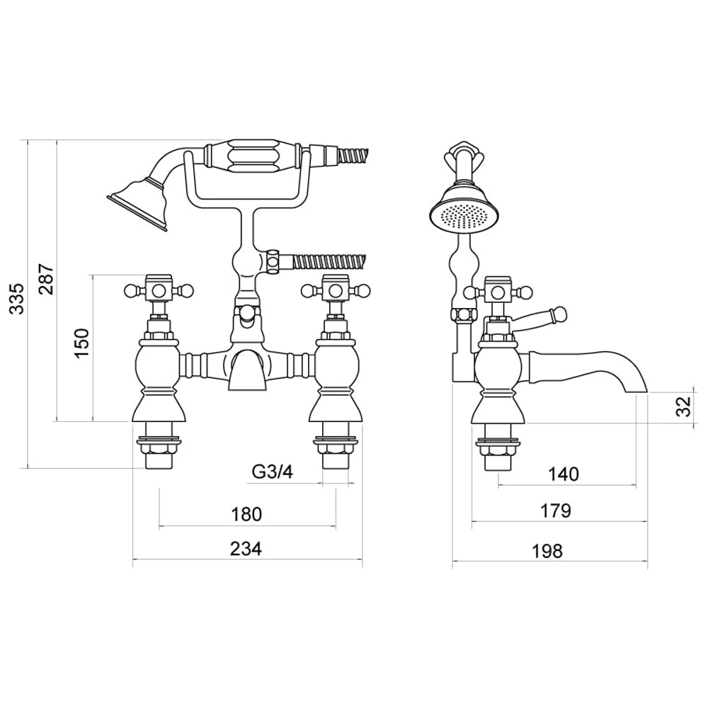 Traditional Bathroom Bath Shower Mixer Tap and Kit - Crosshead Handles - Chrome