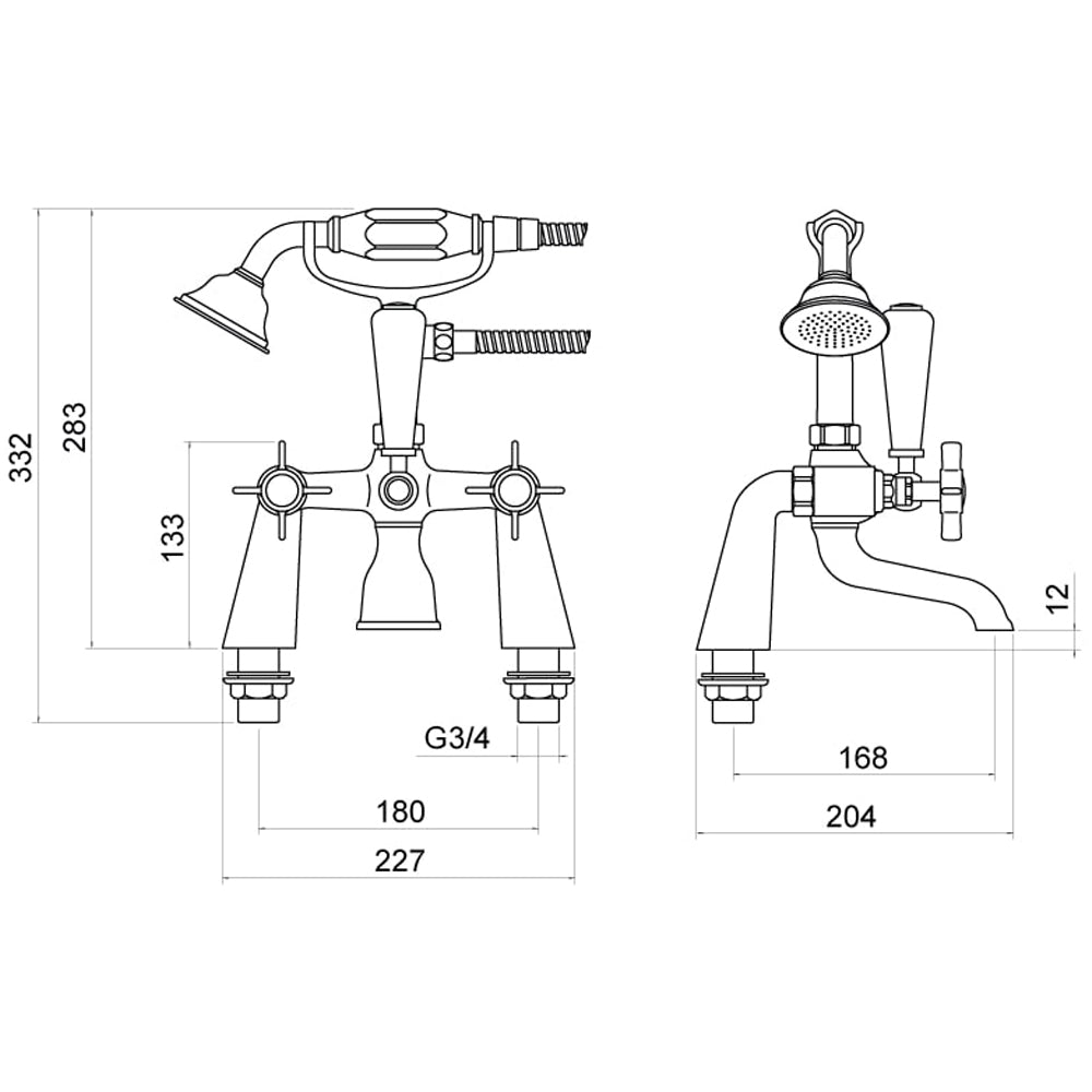 Traditional Crosshead Deck Mounted Bath Shower Mixer Tap and Kit - Chrome