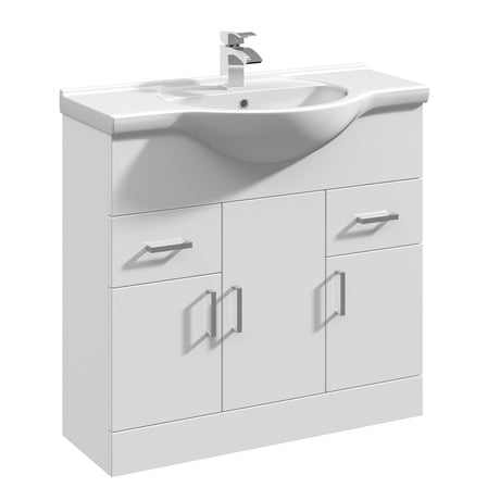 Contemporary Floor Standing Vanity Unit with Round Ceramic Basin – Gloss White, Choice of Doors, Drawers & Sizes