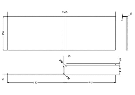 1600mm Square L Shape Acrylic Shower Bath Front Panel