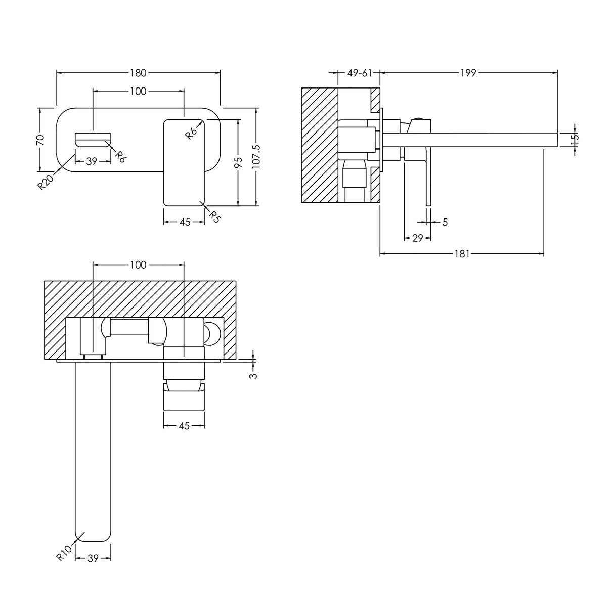 Contemporary Square Wall Mounted 2 Tap Hole Basin Mixer Tap - Choice of Finish