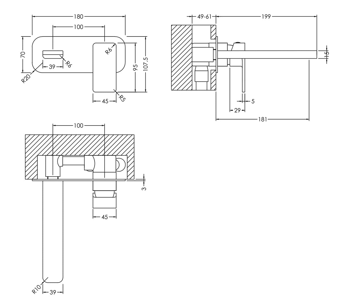 Contemporary Square Wall Mounted 2 Tap Hole Basin Mixer Tap - Choice of Finish