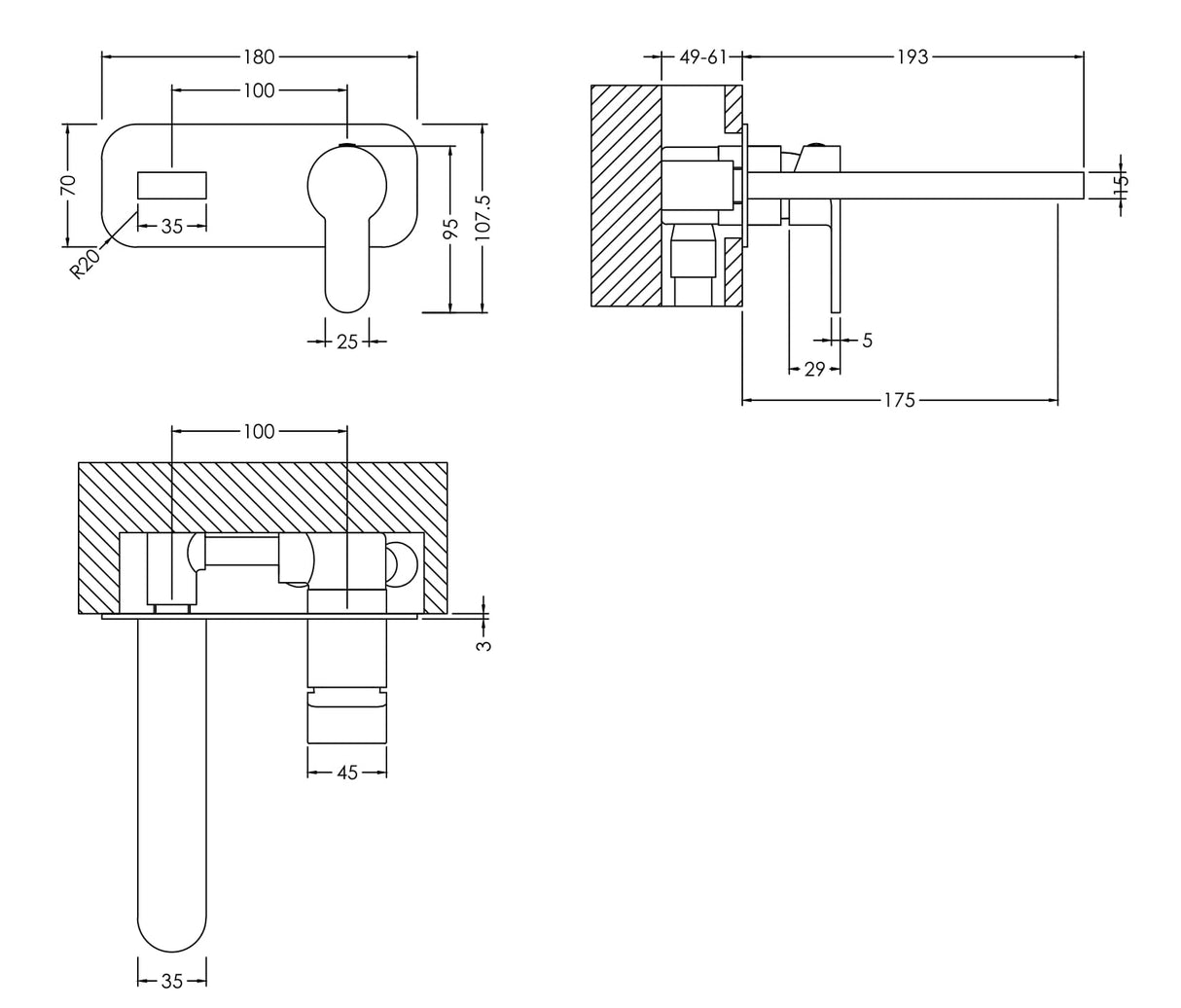Contemporary Square Wall Mounted 2 Tap Hole Basin Mixer Tap - Choice of Finish