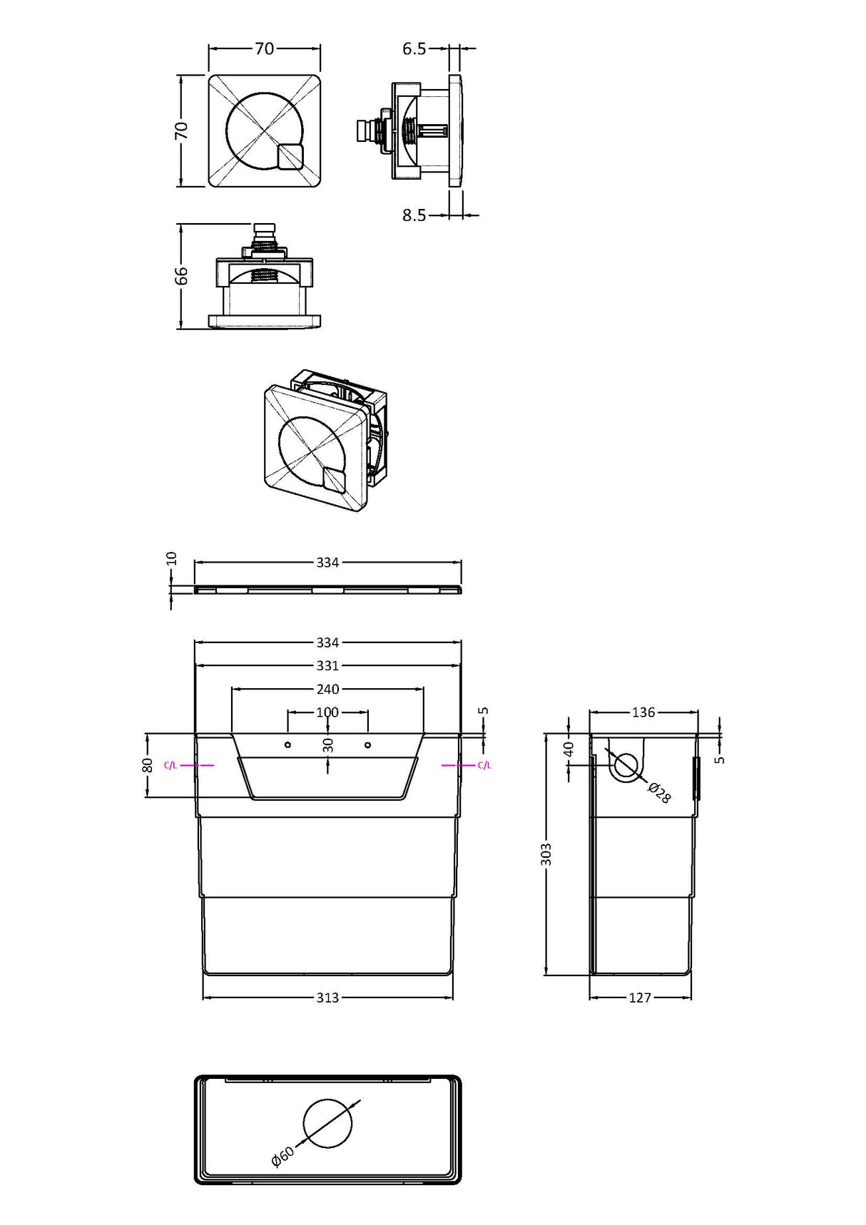 Universal Water Saving Dual Flush Side Inlet & Square Dual Flush Button - Choice of Finish