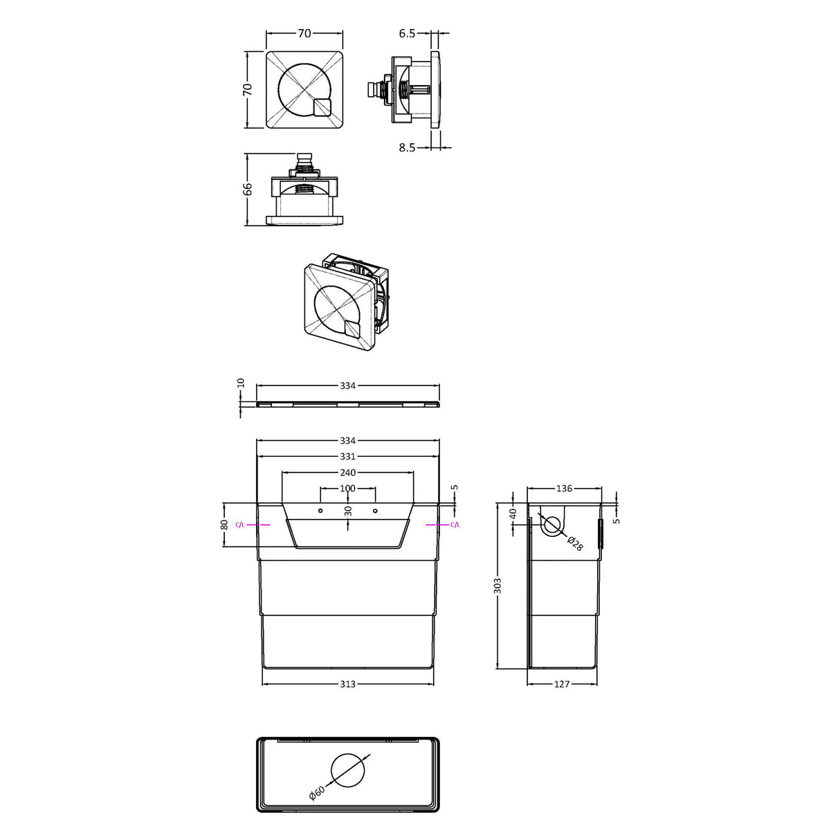 Universal Water Saving Dual Flush Side Inlet & Square Dual Flush Button - Choice of Finish